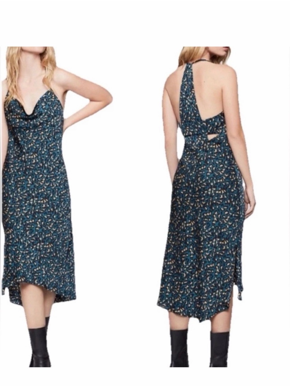 BCBGeneration Teal & Navy Printed Halter Slip Midi Dress